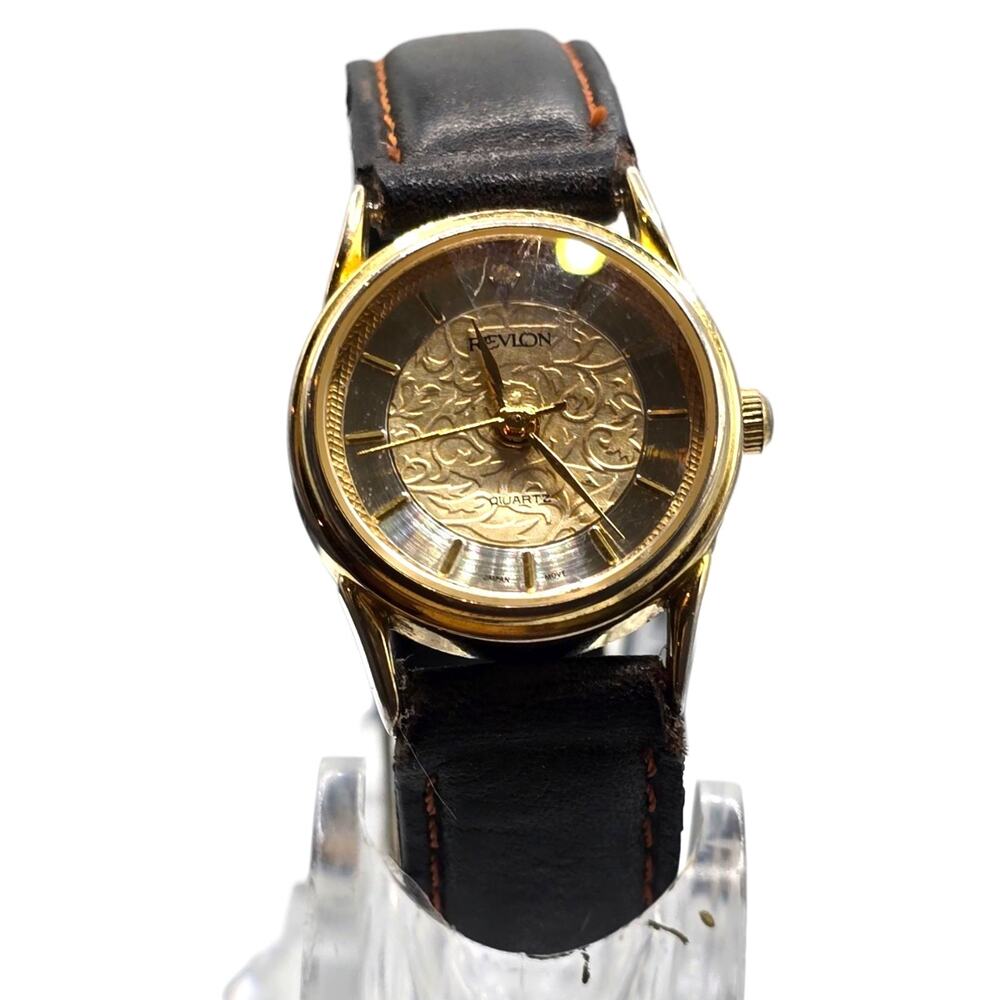 Watch Vintage Revlon Women Dark Brown Leather Band Gold Tone Face SKU2417